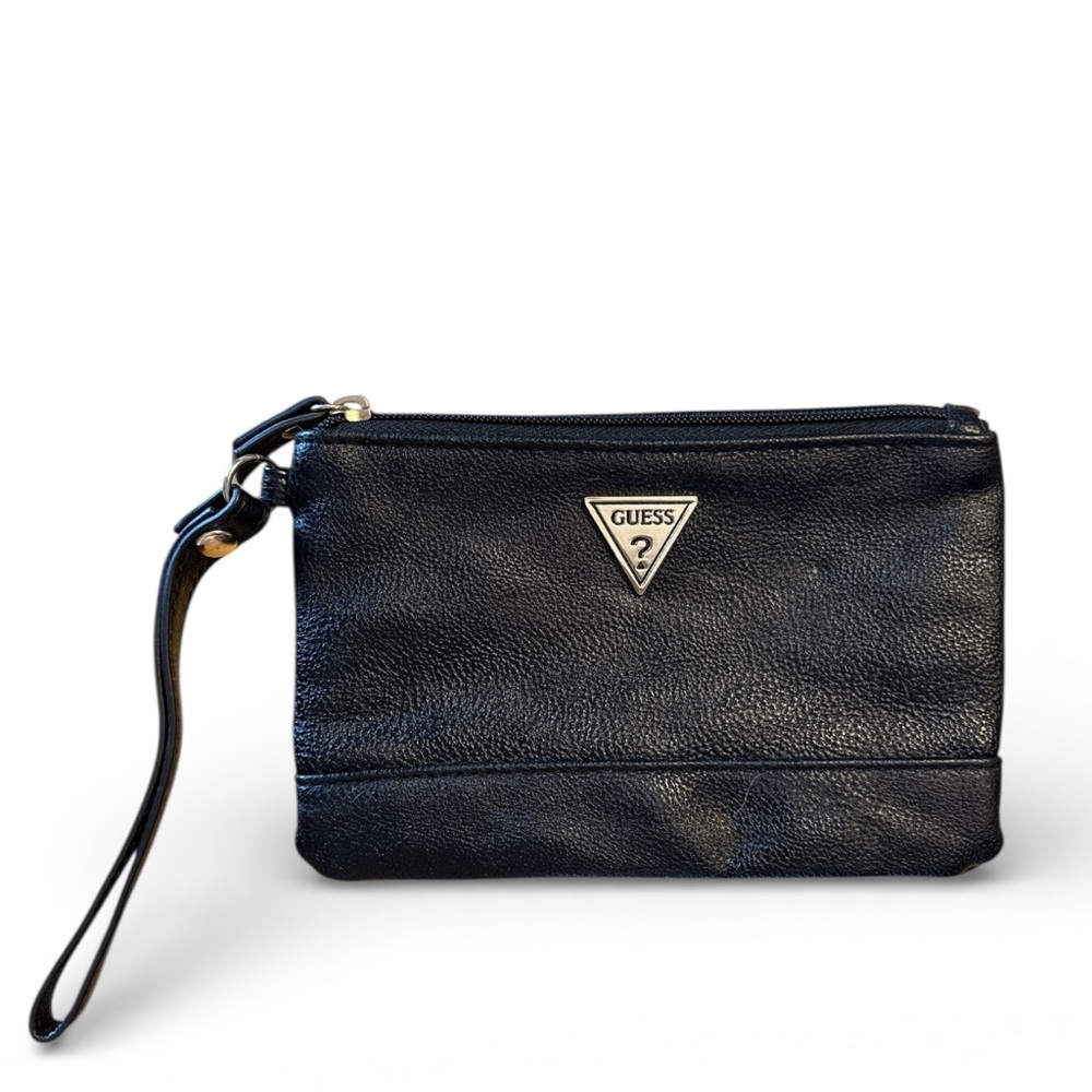 GUESS Black Wristlet Clutch Y2K Logo Zip Pouch Minimal Chic